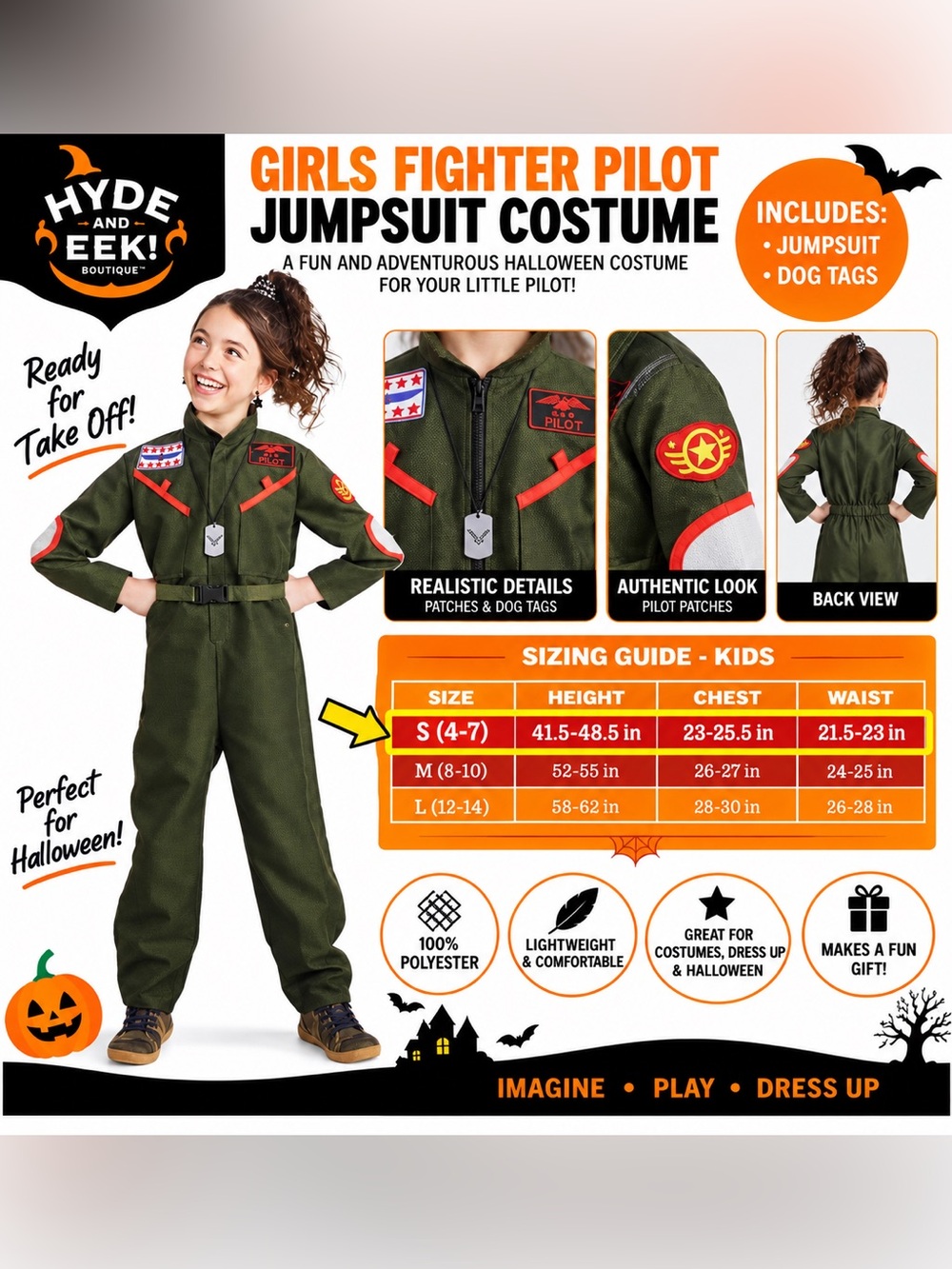 HYDE & EEK! FIGHTER PILOT JUMPSUIT COSTUME -GREEN SIZE SMALL 4-7 (NWT)